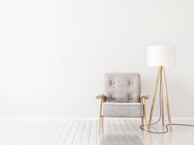 Modern oturma odası koltuk beyaz, bir iç tasarım mobilya ile. 3D çizim