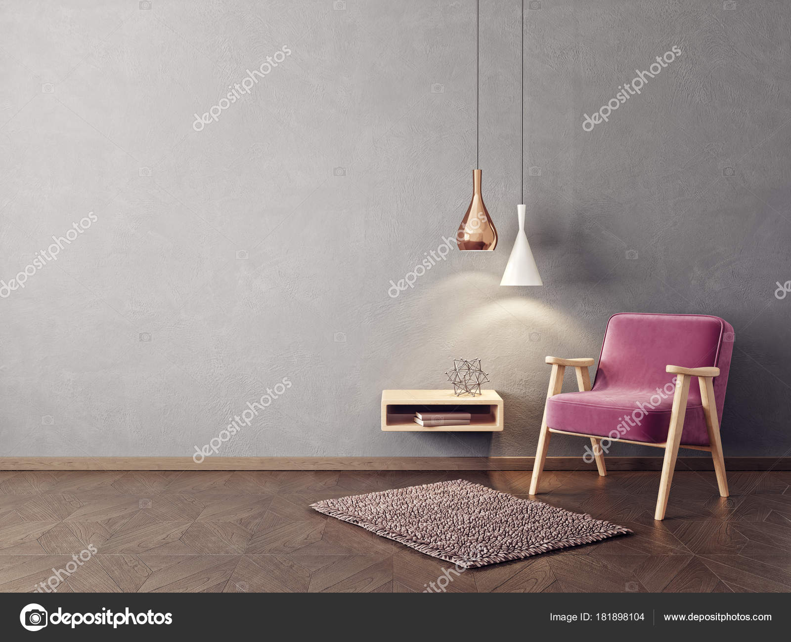 Moderne Woonkamer Met Fauteuil Hangende Lampen Plank Muur Het ... Moderne Woonkamer Met Fauteuil Hangende Lampen Plank Muur Het ...
