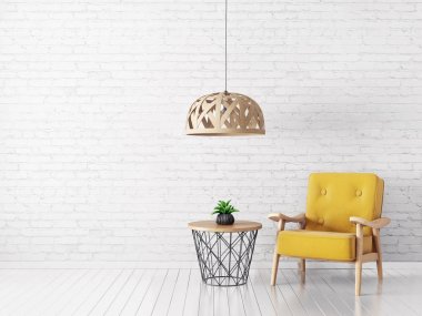 Sarı koltuk, asılı lamba ve bitki vazo tablo içinde modern oturma odası