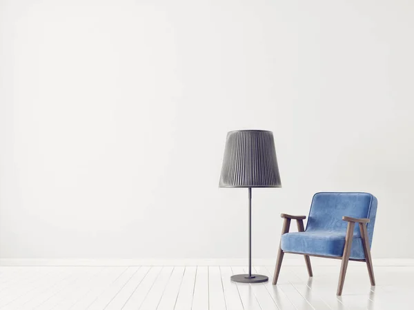 Σύγχρονη Καθιστικό Δωμάτιο Μπλε Πολυθρόνα Και Φωτιστικό Σκανδιναβικό Εσωτερικό Design — Φωτογραφία Αρχείου