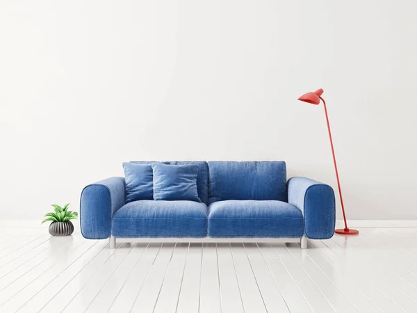 Sala Estar Moderna Com Sofá Azul Planta Vaso Lâmpada Vermelha — Fotografia de Stock
