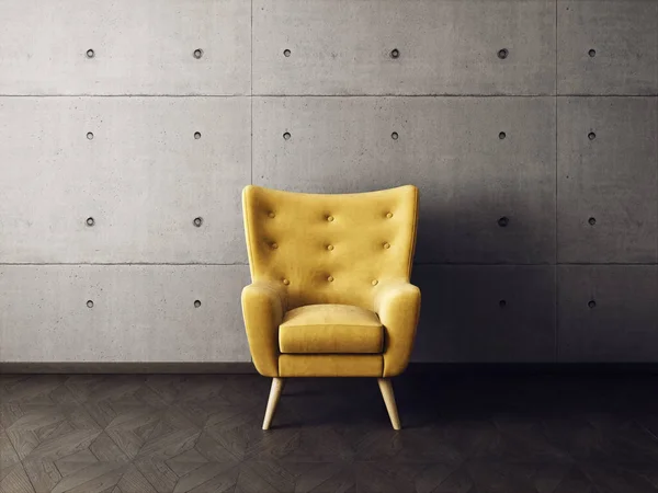 Modern living room with yellow armchair in scandinavian interior design