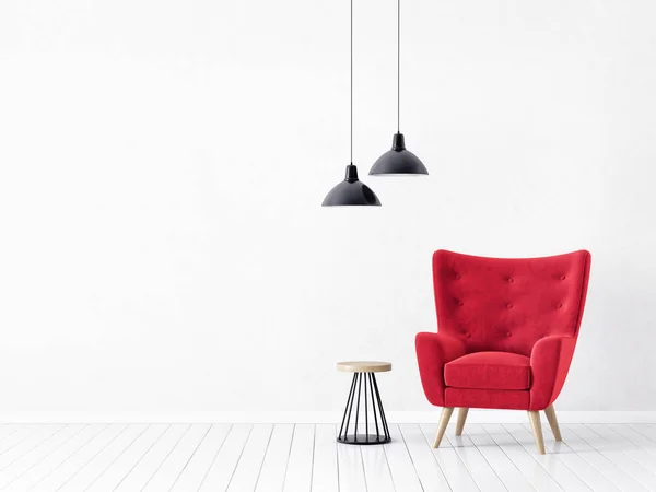 现代客厅与红色扶手椅 悬挂灯和杂志表在斯堪的纳维亚室内设计 — 图库照片