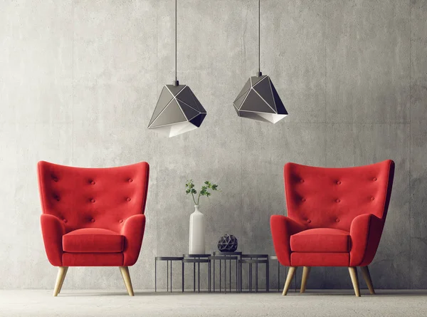 Moderne Woonkamer Met Twee Rode Fauteuils Opknoping Lampen Plant Vaas — Stockfoto