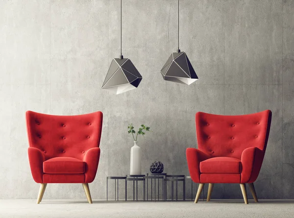 Moderno Salón Con Dos Sillones Rojos Lámparas Colgantes Planta Jarrón —  Fotos de Stock