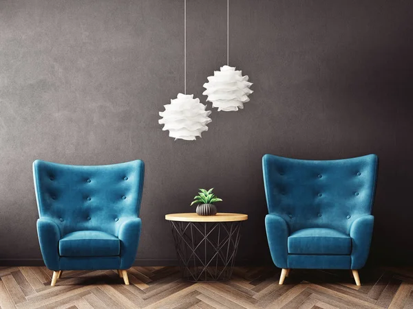 Moderne Woonkamer Met Twee Dezelfde Fauteuils Opknoping Lampen Plant Vaas — Stockfoto