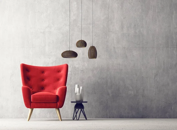 Modern Living Room Red Armchair Hanging Lamps Scandinavian Interior Design — Stock Photo, Image