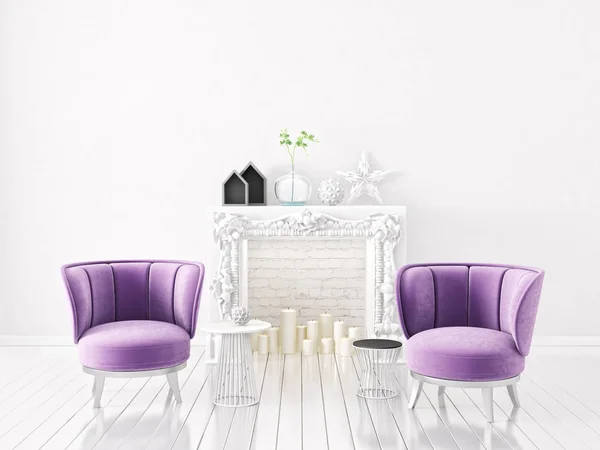 现代客厅与两个相同的扶手椅 两个桌子和壁炉的背景斯堪的纳维亚室内设计 — 图库照片