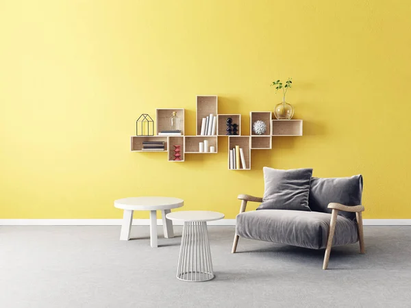 Salon Moderne Avec Fauteuil Tables Journal Racks Mur Dans Design — Photo