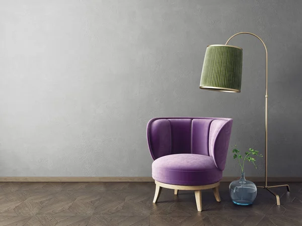 Modern living room with purple armchair, plant in vase and lamp in scandinavian interior design