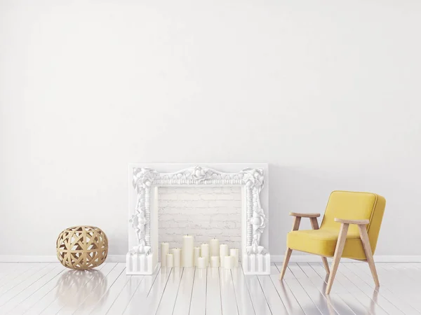 Sarı Koltuk Şömine Skandinav Tasarım Modern Oturma Odası — Stok fotoğraf