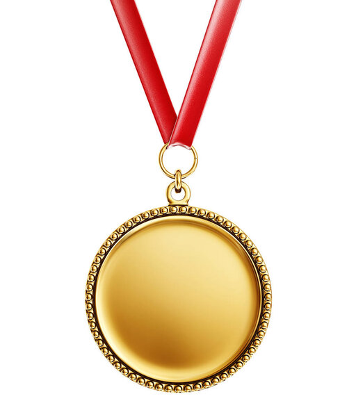 Gold medal on red ribbon, isolated on white.