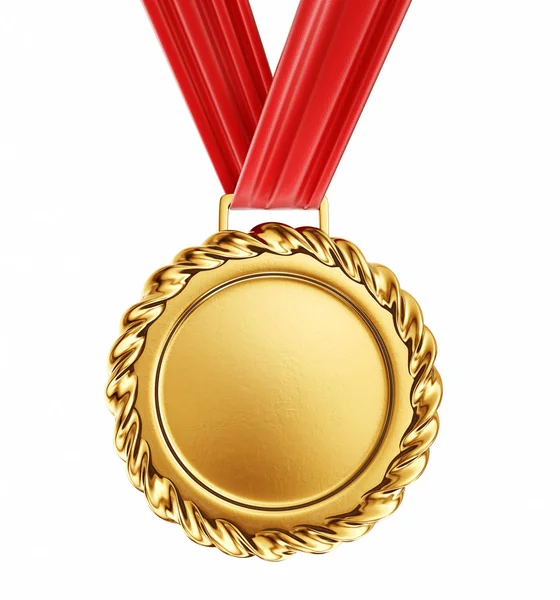 Gold Medal Red Ribbon Isolated White — Stock Photo, Image