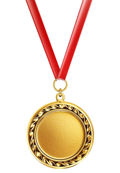 Gold medal on red ribbon, isolated on white.