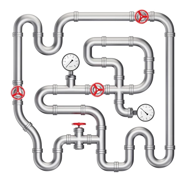 Сталеві Труби Клапанами Манометрами Ізольовані Білому — стокове фото