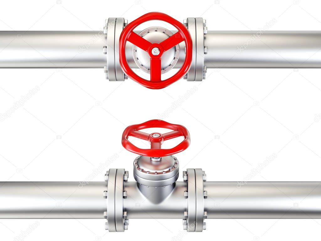 Valves in pipes, isolated on white.