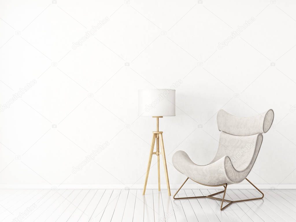 Modern minimalistic living room with armchair. Scandinavian interior design furniture. 