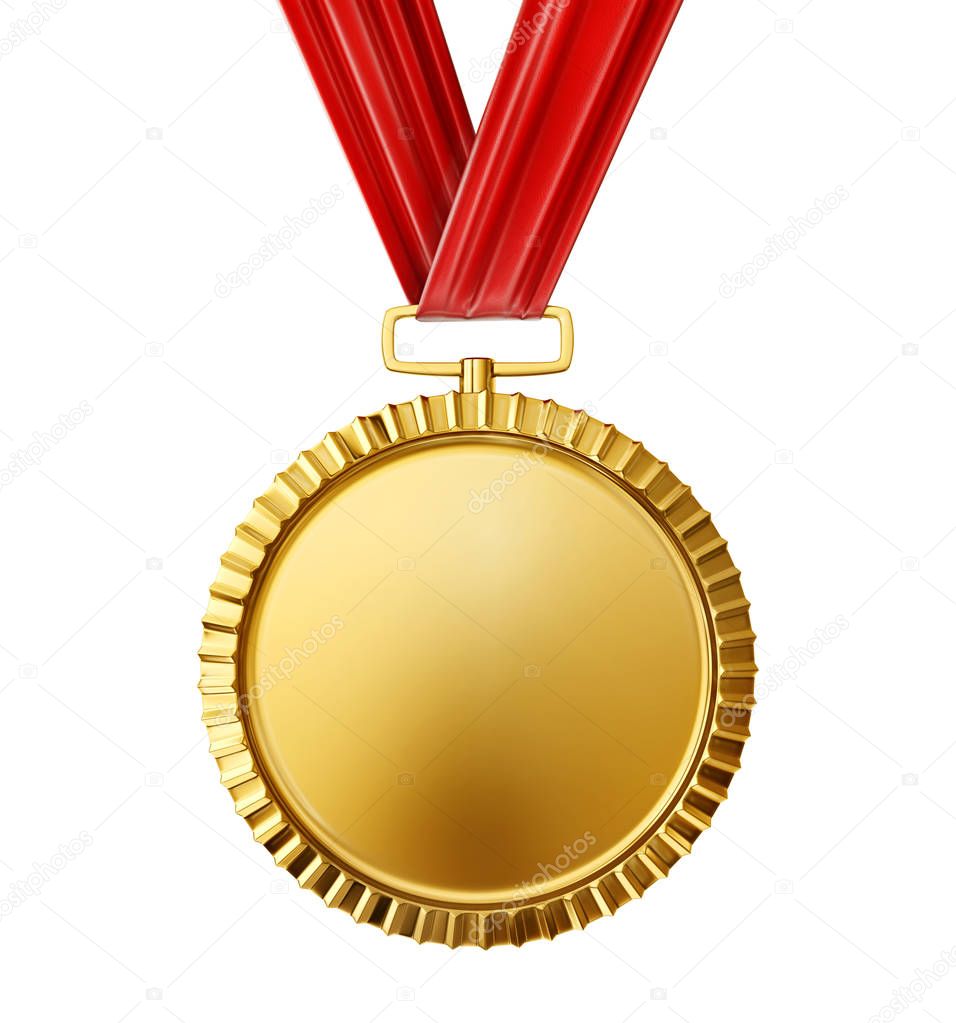 Gold medal on red ribbon, isolated on white.