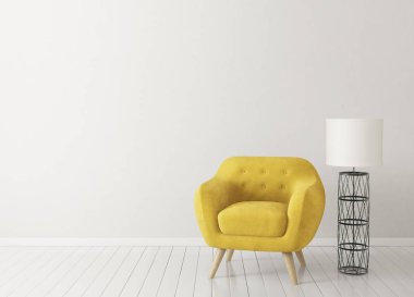 Sarı koltuk ve lamba ile modern oturma odası. İskandinav iç tasarım mobilya