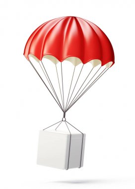 Beyaz bir arka plan üzerinde izole kırmızı paraşüt. 3D çizim