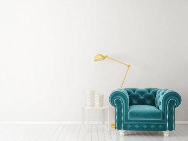 Modern oturma odası koltuk ve lamba ile. İskandinav iç tasarım mobilya. 