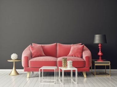 Modern oturma odası kırmızı kanepe ve lamba. İskandinav iç tasarım mobilya. 