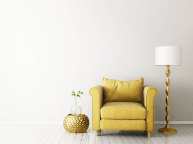 Sarı koltuk ve lamba ile modern oturma odası. İskandinav iç tasarım mobilya.