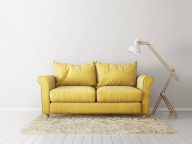 Sarı kanepe ve lamba modern oturma odası. İskandinav iç tasarım mobilya. 