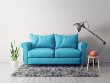 Mavi kanepe ve lamba modern oturma odası. İskandinav iç tasarım mobilya