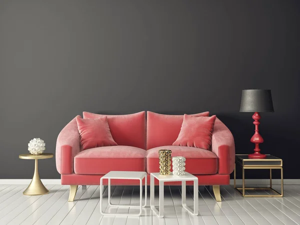 modern living room  red sofa and lamp. scandinavian interior design furniture.