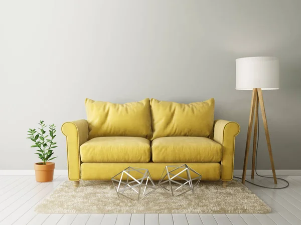Sala Estar Moderna Com Sofá Amarelo Lâmpada Mobiliário Design Interiores — Fotografia de Stock