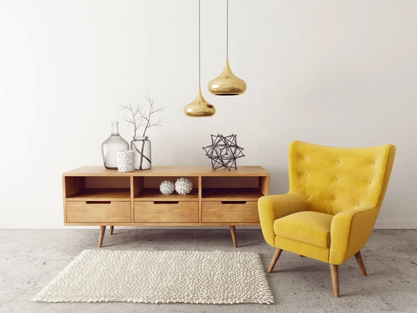 带黄色扶手椅的现代起居室 斯堪的纳维亚室内设计家具 — 图库照片