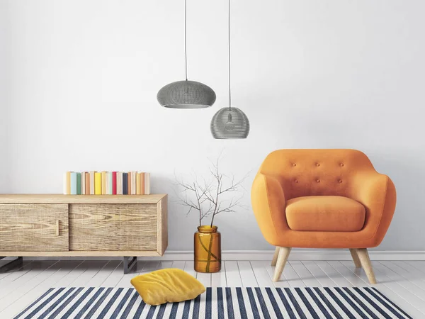 modern living room  with yellow armchair and lamp. scandinavian interior design furniture