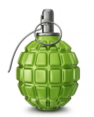 beyaz izole yeşil el bombası. 3D çizim