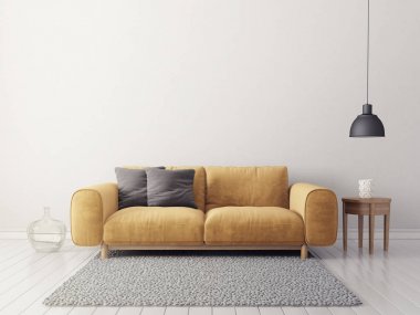 Sarı koltuk modern oturma odası. İskandinav iç tasarım mobilya. 3D render illüstrasyon