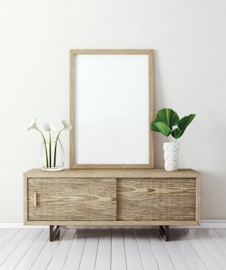 Tablo ve ampty çerçeve ile modern oturma odası. İskandinav iç tasarım mobilya. 3D render illüstrasyon