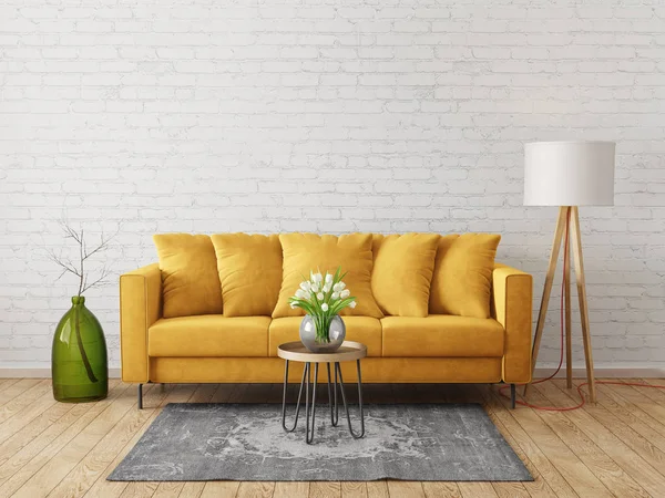 Sarı kanepe ve lamba modern oturma odası. İskandinav iç tasarım mobilya. 3D render illüstrasyon