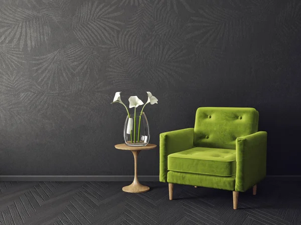 modern living room  with green armchair. scandinavian interior design furniture. 3d render illustration