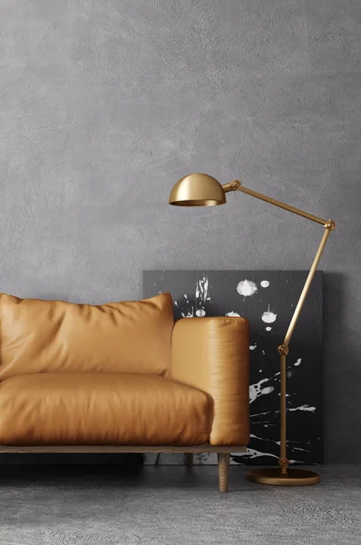Sarı Kanepe Lamba Modern Oturma Odası Skandinav Tasarım Mobilya Render — Stok fotoğraf
