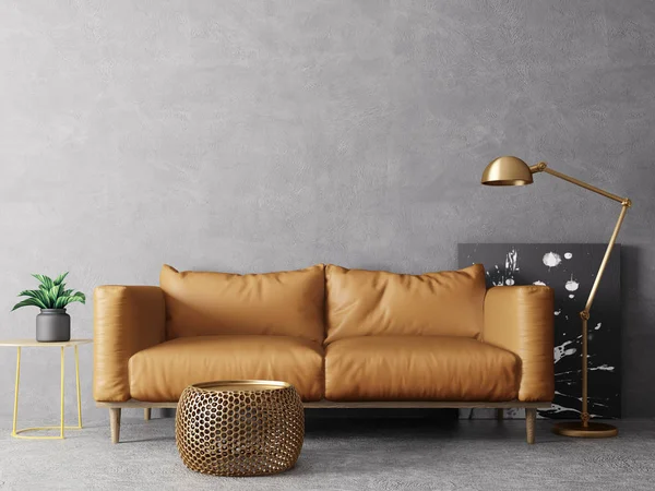 modern living room  with yellow sofa and lamp. scandinavian interior design furniture. 3d render illustration