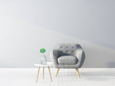 Modern oturma odası koltuk ile. İskandinav iç tasarım mobilya. 3D render illüstrasyon