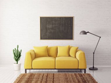 Sarı kanepe ve lamba modern oturma odası. İskandinav iç tasarım mobilya. 3D render illüstrasyon