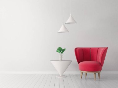 Kırmızı koltuğu ve lambası olan modern oturma odası. İskandinav iç dizayn mobilyası. 3d resimleme