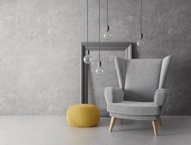 Modern oturma odası koltuk ve lamba ile. İskandinav iç tasarım mobilya. 3D render illüstrasyon