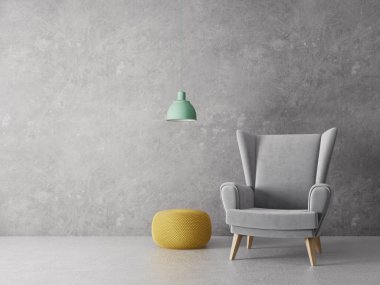 Modern oturma odası koltuk ve lamba ile. İskandinav iç tasarım mobilya. 3D render illüstrasyon