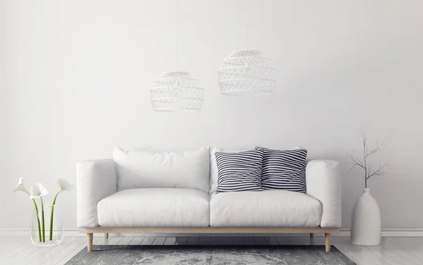 Modernes Wohnzimmer Mit Weißem Sofa Und Lampe Skandinavische Einrichtungsmöbel Darstellung — Stockfoto