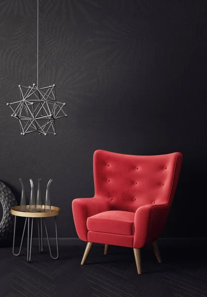 赤のアームチェアとランプ付きのモダンなリビングルーム 北欧インテリアデザインの家具 3Dレンダリング図 — ストック写真