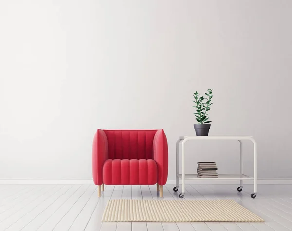 modern living room  with red armchair. scandinavian interior design furniture. 3d render illustration