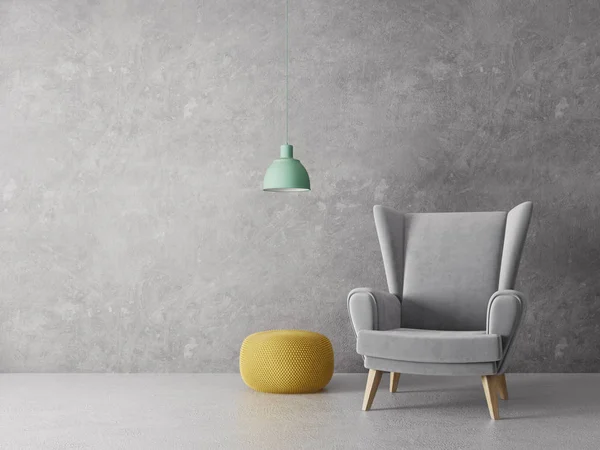 现代客厅与扶手椅和灯 斯堪的纳维亚室内设计家具 渲染插图 — 图库照片