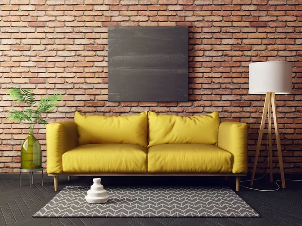 现代起居室 配有黄色的沙发和台灯 斯堪的纳维亚室内设计家具 渲染插图 — 图库照片
